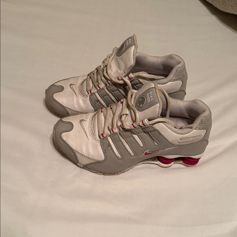White and Gray Nike Shox Athletic Sneakers